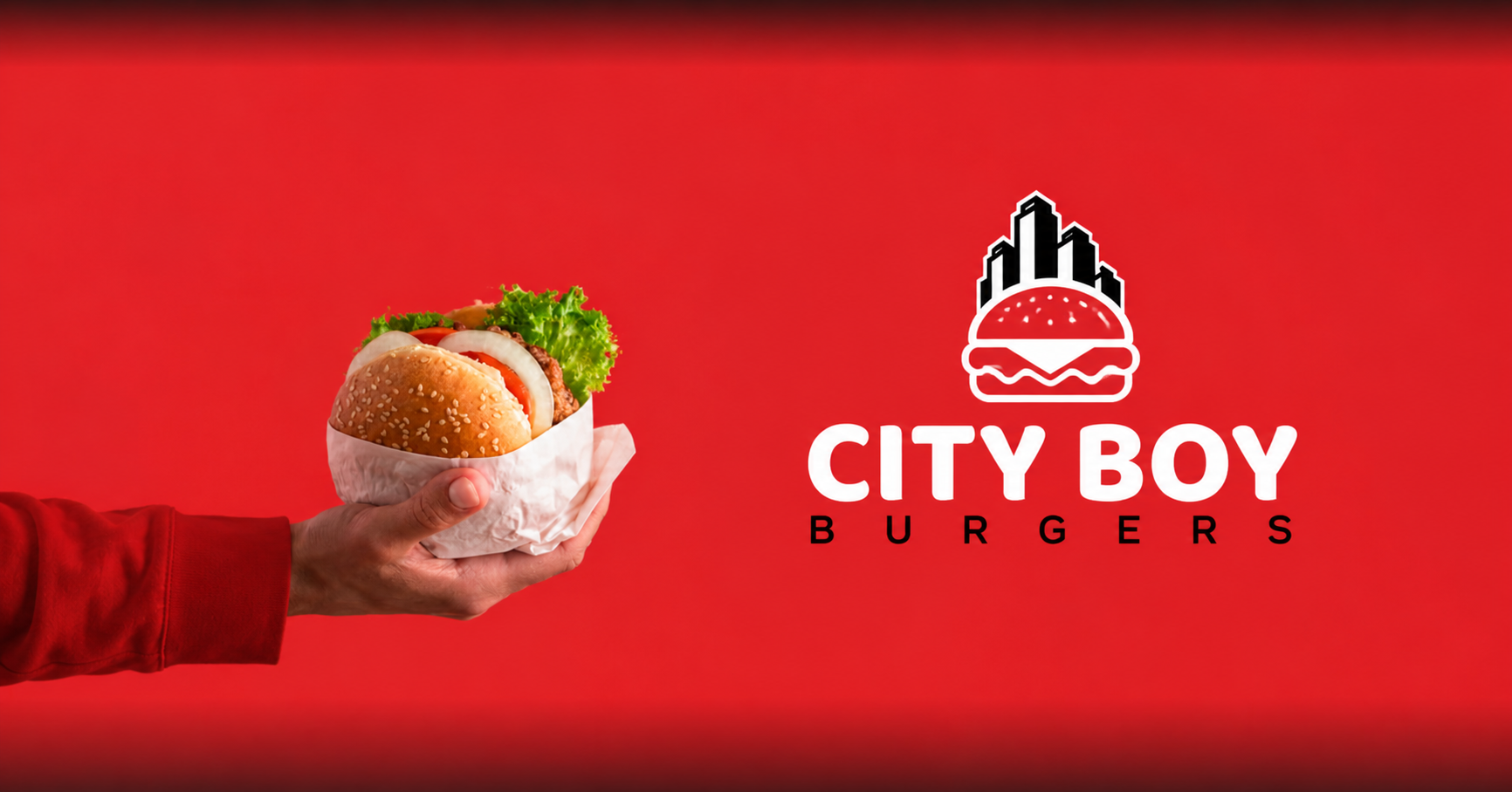 A hand in a red sleeve offering a wrapped Hot Boy burger next to the Hot Boy Burgers logo